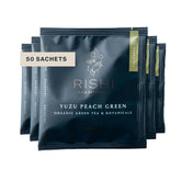 Rishi Tea paquete frontal mostrando 50 sachets y etiqueta orgánica, ideal para almacenamiento