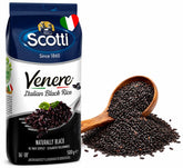 Riso Scotti empaque frontal que muestra arroz Venere y aspecto premium
