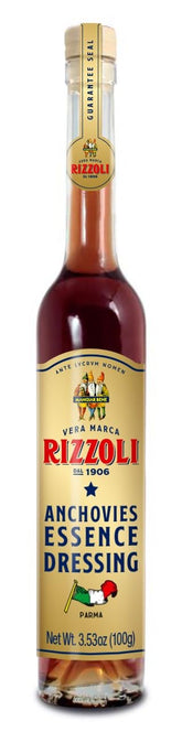 Rizzoli botella frontal de colatura di alici mostrando diseño y ventaja de sabor concentrado