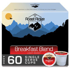 Roast Ridge frente del empaque mostrando 60 cápsulas y conveniencia