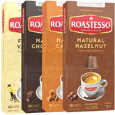 Roastesso frasco-pack frontal mostrando cuatro sabores y diseño práctico