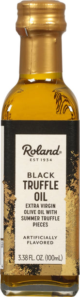Roland Foods botella frontal del aceite de trufa negra mostrando color dorado y presentación gourmet