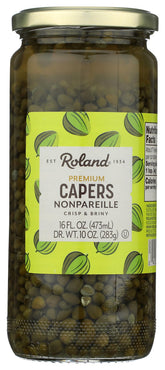 Roland Foods frasco frontal de alcaparras Nonpareille mostrando etiqueta legible y tamaño