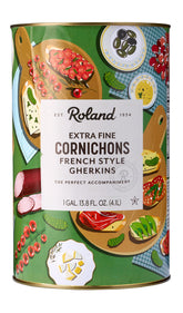 Roland Foods cornichons vista frontal lata grande, almacenamiento práctico