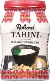 Roland Foods frasco frontal del tahini mostrando la marca y tamaño