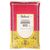 Roland Foods paquete frente mostrando arroz Arborio superfino y confianza
