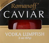 Romanoff frasco frontal de caviar 2 oz mostrando etiqueta clara y práctico tamaño