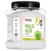 Roots Circle envase frontal del ácido málico en polvo muestra cantidad y marca