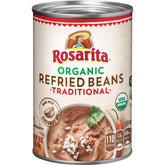 Rosarita frijoles refritos orgánicos frente del empaque mostrando lata y marca