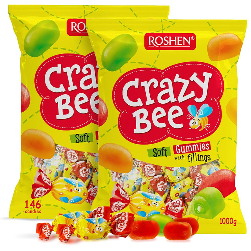 Roshen Crazy Bee frente del paquete mostrando variedad de sabores y cantidad