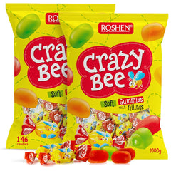 Roshen Crazy Bee frente del paquete mostrando variedad de sabores y cantidad