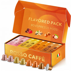 ROSSO CAFFÈ pack frontal mostrando 80 cápsulas y cuatro sabores, conveniencia inmediata
