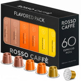 ROSSO CAFFÈ vista frontal del pack de 60 cápsulas, muestra variedad y conveniencia