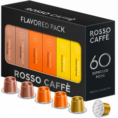 ROSSO CAFFÈ vista frontal del pack de 60 cápsulas, muestra variedad y conveniencia