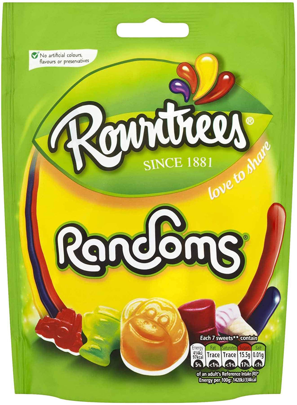 Rowntree's frente del paquete mostrando diseño colorido y ventaja sorpresa
