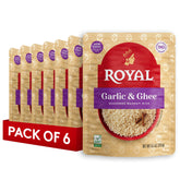 Royal frente del paquete mostrando marca y sabor ajo y ghee, conveniencia instantánea