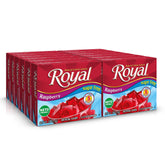 Royal caja frontal mostrando diseño y sabor frambuesa, conveniente para recetas