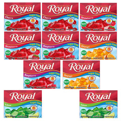 Royal paquete frontal de 10 cajas mostrando los cinco sabores para variedad práctica