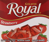 Royal Gelatin empaque frontal de fresa mostrando caja múltiple y conveniencia