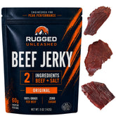 Rugged Unleashed empaque frontal que muestra jerky sin azúcares y limpio