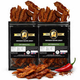 RunninWild empaque frontal del Spicy Sriracha Bacon Jerky mostrando diseño y tamaño