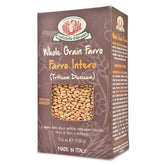 Rustichella d'Abruzzo empaque frontal mostrando farro integral y origen