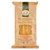 Rustichella d'Abruzzo paquete frontal mostrando fusilli col buco y origen italiano, atractivo visual