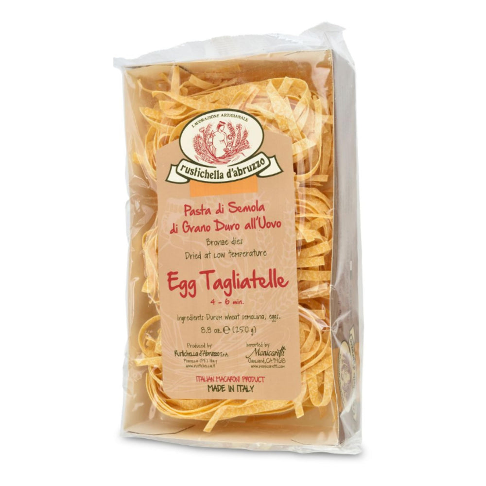 Rustichella d'Abruzzo paquete frontal mostrando pasta tagliatelle lista