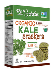 RW Garcia caja frontal de Organic Kale Crackers muestra diseño y peso