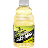 R.W. Knudsen frente de la botella Recharge limón mostrando el envase y marca para identificación rápida
