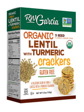 RW Garcia empaque frontal de las crackers lenteja y cúrcuma mostrando caja de 5.5 oz, ideal para despensa