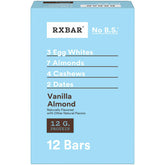 RXBAR caja frontal Vanilla Almond mostrando beneficio snack práctico