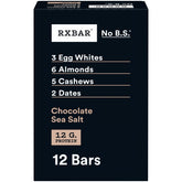 RXBAR empaque frontal mostrando sabor chocolate sea salt y beneficios rápidos