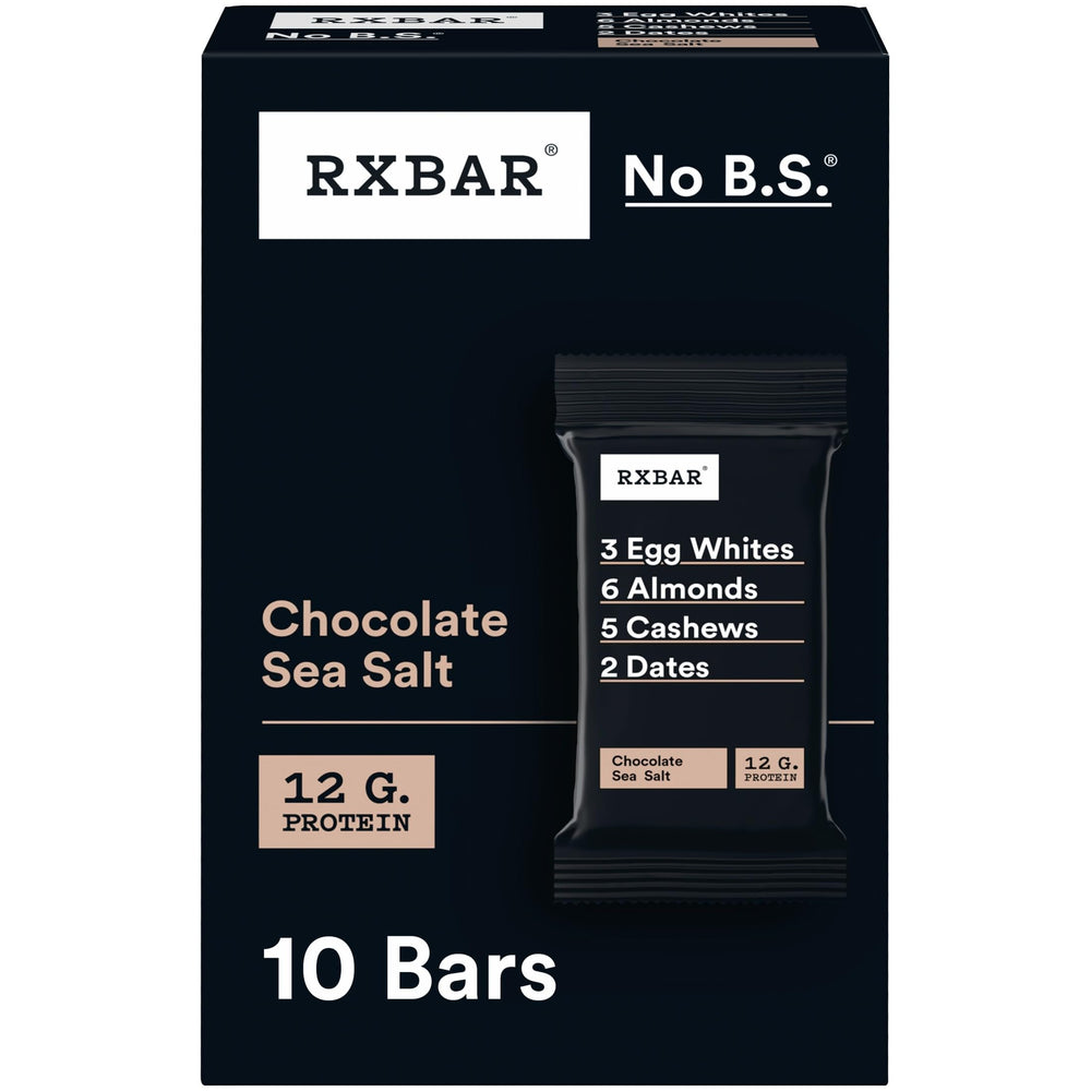 RXBAR frontal de caja Chocolate Sea Salt mostrando diseño y cantidad