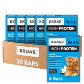 RXBAR empaque frontal mostrando sabor vainilla mantequilla de maní y beneficio práctico