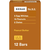 RXBAR frente de la caja mantequilla de cacahuete mostrando 12 barritas y conveniencia