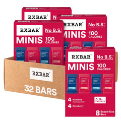 RXBAR Minis frente del empaque mostrando variedades arándano y fresa y conveniencia