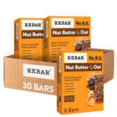 RXBAR empaque frontal mostrando caja y sello nutritivo, práctico para viajes