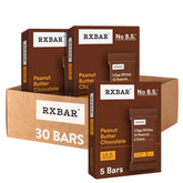 RXBAR paquete frontal mostrando sabor Peanut Butter Chocolate y beneficio práctico