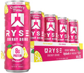 RYSE lata frontal Country Time Pink Lemonade mostrando diseño y beneficio de energía