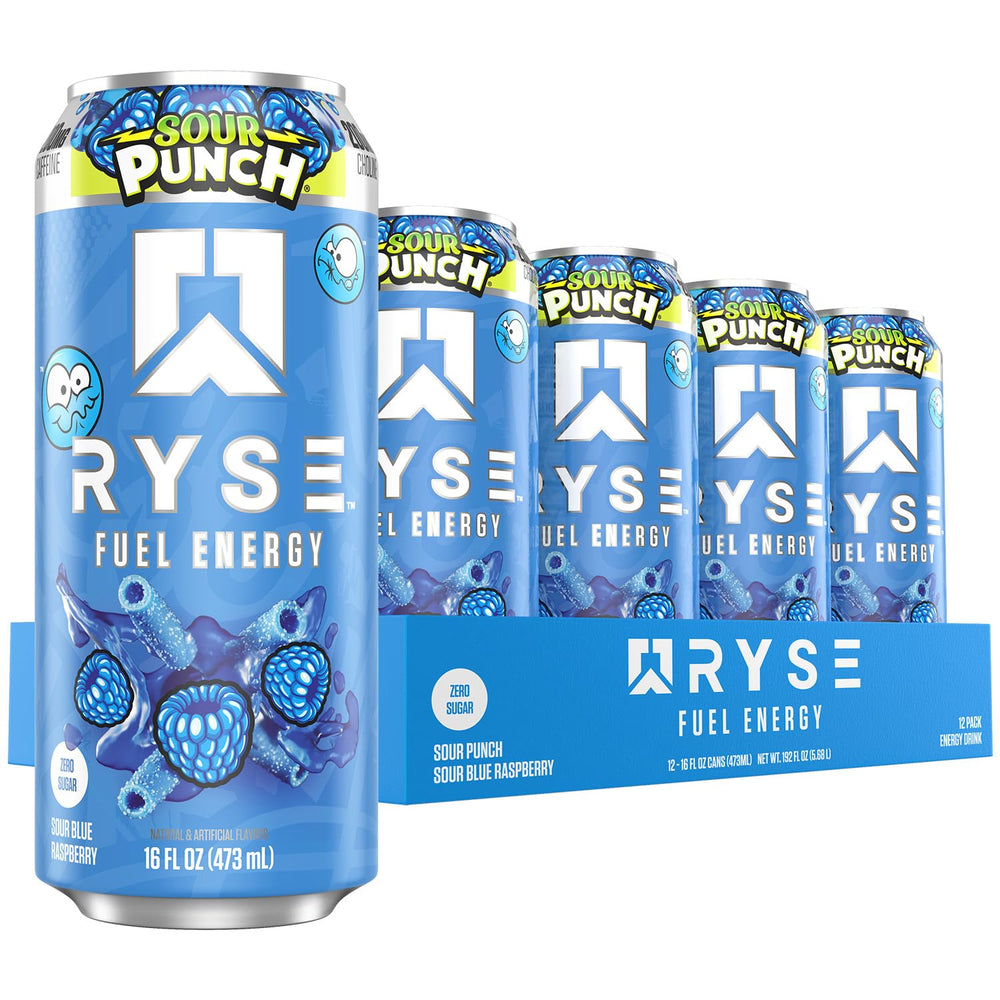RYSE lata frente Sour Punch Blue Raspberry mostrando diseño y beneficio energía