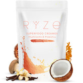 RYZE Superfoods frasco frontal mostrando etiqueta y beneficios visibles