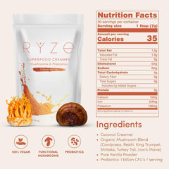RYZE SUPERFOODS creamer probiótico en envase mostrando textura cremosa y apoyo digestivo