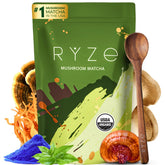 RYZE Superfoods envase frontal que muestra matcha orgánico y hongos, conveniencia diaria