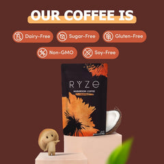 RYZE SUPERFOODS detalle de etiqueta con información del tueste oscuro y mezcla de hongos
