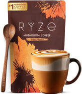 RYZE SUPERFOODS kit inicio frontal mostrando envase y sobres para 60 porciones, energía limpia