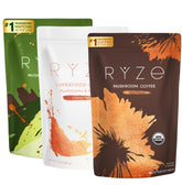 RYZE SUPERFOODS paquete frontal mostrando los tres productos y beneficio práctico