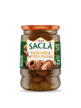 SACLA tarro frontal con aceitunas Taggiasca listo para servir