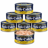 Safe Catch lata frontal mostrando diseño y beneficio de proteína alta