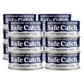 Safe Catch frontal del pack de 12 latas mostrando etiquetas y ventaja de pureza